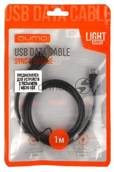 Кабель Qumo light series, USB-MicroUSB, 1м, 5В, 1A, опл. PVC, кон. PVC, черный
