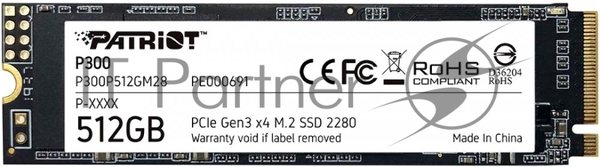 Накопитель SSD Patriot P300, 512Gb, PCIe 3.0 x4, M.2 2280, NVMe, R/W 1700/1200