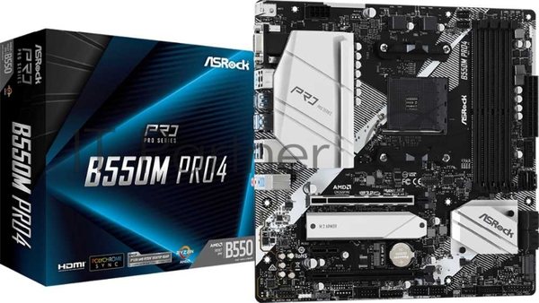 Материнская плата ASRock B550M Pro4, AM4, AMD B550, 4xDDR4, 6xSATA, 2xM.2, 1xPCI-E 3.0 x16, 1xPCI-E 4.0 x16, 1xDisplayPort, 1xHDMI, 1xVGA, 1x 1Gb LAN, 3x3.5 мм, 7.1, Micro-ATX