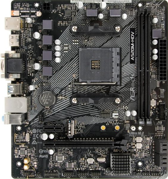 Материнская плата ASRock A520M-HDV, AMD A520, 2x1x M.2 , 1x PCI-E x16, 1x PCI-E x1, 1x D-Sub есть, 1x HDMI есть, 1x DVI есть, 1x DP нет, 1x 1Gb LAN Wi-Fi нет, BT нет, 2x USB 2.0, 2x USB 3.2 Gen1, 7.1, microATX