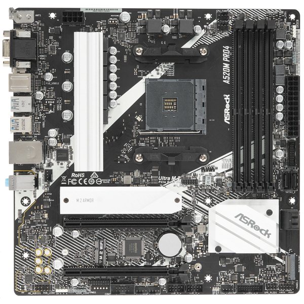Материнская плата ASRock A520M Pro4, AM4, AMD A520, 4xDDR4, 4xSATA, 2xM.2, 1xPCI-E 3.0 x16, 1xPCI-E 3.0 x2, 1xHDMI, 1xVGA, 1x 1Gb LAN, 3x3.5 мм, 7.1, Micro-ATX