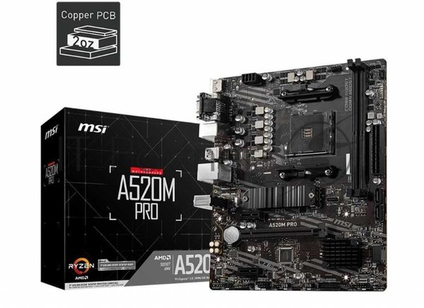 Материнская плата MSI A520M PRO, AM4, AMD A520, 2xDDR4, 4xSATA, 1xM.2, 1xPCIe 3.0 x16, 1xVGA, 1xDP, 1xHDMI, 1x 1Gb LAN, 2xUSB 2.0, 4xUSB 3.2 Gen 1, 3x3.5 мм, 7.1, mATX