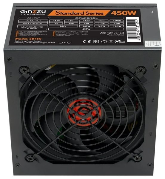 Блок питания Ginzzu SB450, 450Вт, 120мм, черный