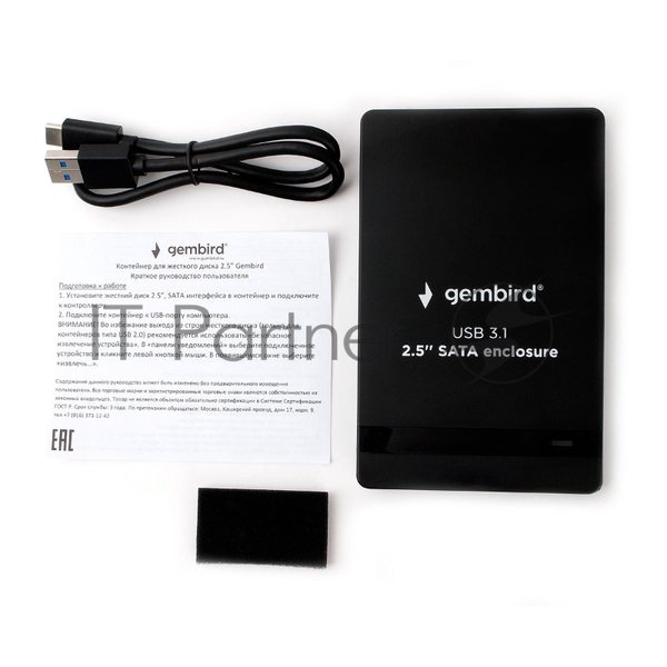 Внешний корпус 2.5" Gembird EE2-U31S-2, черный, USB Type-c, SATA, алюминий