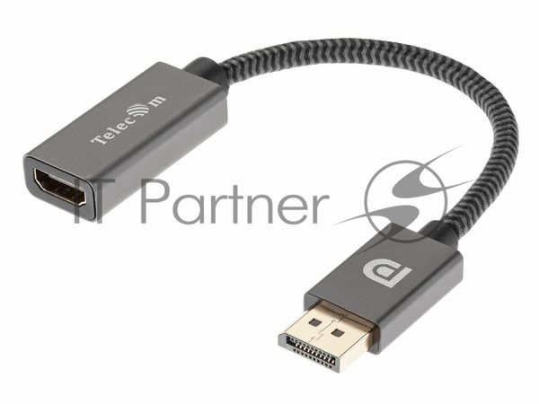 Кабель-переходник DP --> HDMI-F 0.2m, серый металлик, оплетка, 4K@60Hz, Telecom (TA560)