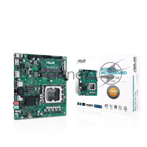 Материнская плата ASUS Pro H610T D4-CSM, LGA 1700, Intel H610, 2xSO-DIMM DDR4, 2xSATA, 1xM.2 (PCIe 4.0 x4/SATA), 1xHDMI, 1xDP, 1x 1Gb LAN, 2xUSB-A 3.2 Gen 1, 2xUSB-A 2.0, 2x3.5 мм, 7.1, Mini-ITX