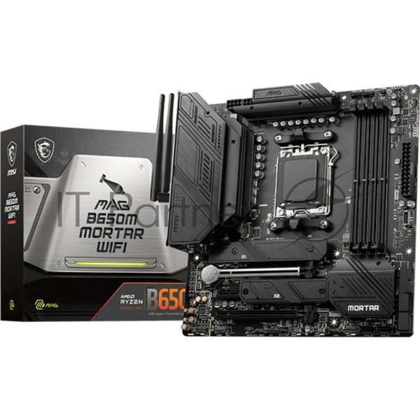 Материнская плата MSI MAG B650M MORTAR WIFI, AM5, AMD B650, 4xDDR5, 6xSATA, 2xM.2, 1xPCI-E 4.0 x16, 1xPCI-E 4.0 x4, 1xHDMI, 1xDP, 1x2.5Gb LAN, 3xUSB 3.2 Gen 2, 4xUSB 3.2 Gen 1, 1xUSB-C 3.2 Gen 2x2, 5x3.5мм аудио, 7.1, Micro-ATX