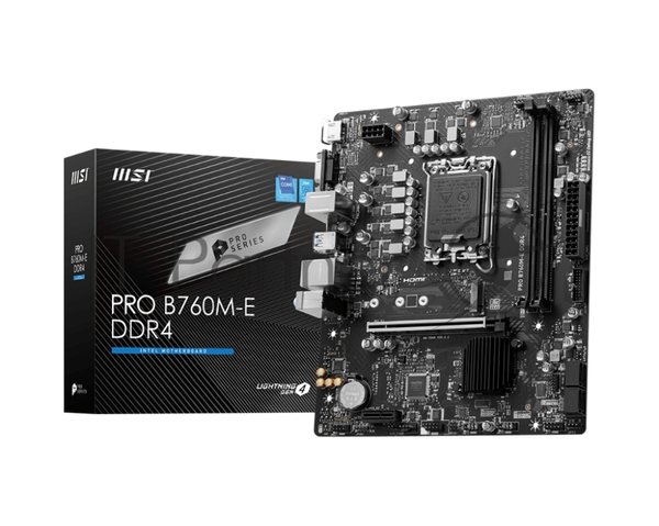 Материнская плата MSI PRO B760M-E DDR4, LGA 1700, Intel B760, 2xDDR4, 4xSATA, 1xM.2, 1xPCIe 4.0 x16, 1xPCIe 4.0 x1, 1xHDMI, 1xVGA, 1x1Gb LAN, 2xUSB-A 3.2 Gen 1, 4xUSB-A 2.0, 3x3.5 мм, 7.1, mATX