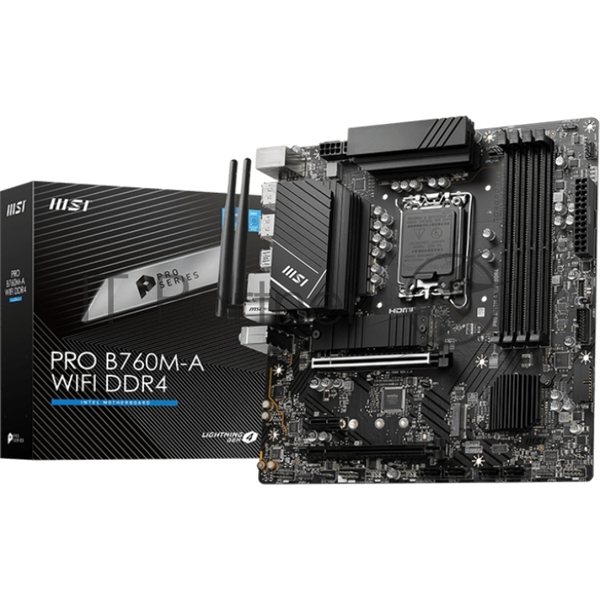 Материнская плата MSI PRO B760M-A WIFI DDR4, LGA 1700, Intel B760, 4xDDR4, 4xSATA, 2xM.2, 1xPCI-E 4.0 x16, 1xPCI-E 4.0 x4, 1xPCI-E x1, 2xHDMI, 2xDP, 1x 2.5Gb LAN, 2xUSB-A 2.0, 2xUSB-A 3.2 Gen 1, 2xUSB-A 3.2 Gen 2, 3x3.5 мм, 7.1, Micro-ATX
