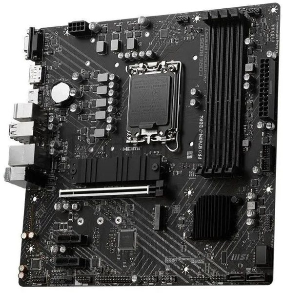 Материнская плата MSI PRO B760M-P DDR4, LGA 1700, Intel B760, 4xDDR4, 4xSATA, 2xM.2, 1xPCIe 4.0 x16, 2xPCIe 3.0 x1, 1xHDMI, 1xDP, 1xVGA, 1x1Gb LAN, 4xUSB-A 2.0, 1xUSB-A 3.2 Gen 1, 1xUSB-C 3.2 Gen 2, 3x3.5 мм, 7.1, mATX