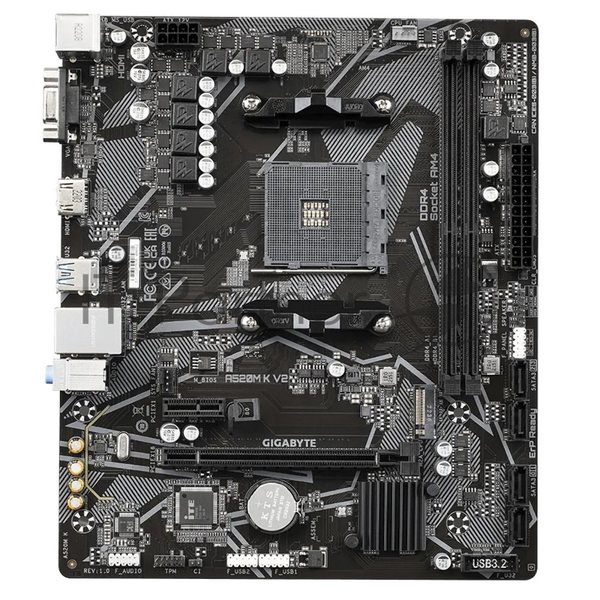 Материнская плата Gigabyte A520M K V2 (V1.1), AM4, AMD A520, 2xDDR4, 4xSATA, 1xM.2, 1xPCIe 3.0 x16, 1xHDMI, 1xVGA, 1x 1Gb LAN, 2xUSB-A 2.0, 4xUSB 3.2 Gen 1, 3x3.5 мм, 7.1, mATX