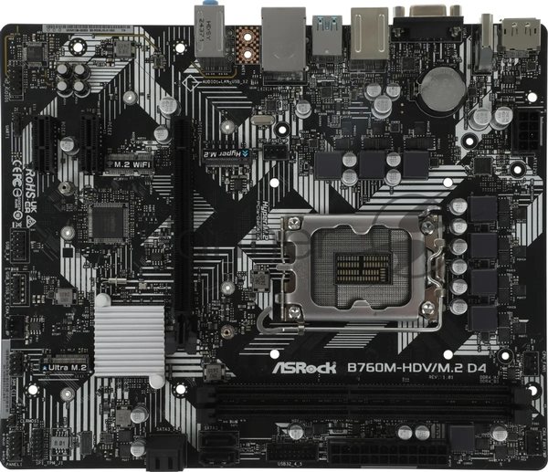 Материнская плата ASRock B760M-HDV/M.2 D4, LGA1700, Intel B760, 2xDDR4, 4xSATA, 2xM.2, 1xPCIe 4.0 x16, DisplayPort, HDMI, D-Sub, 1x1Gb LAN, USB Type-C, 3x3.5 мм, 7.1, microATX