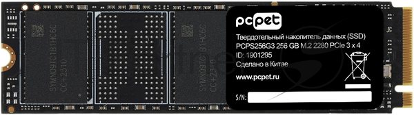 Накопитель SSD PC PET PCPS256G3, 256GB, PCIe 3.0 x4, M.2 2280, NVMe, R/W 1800/1000