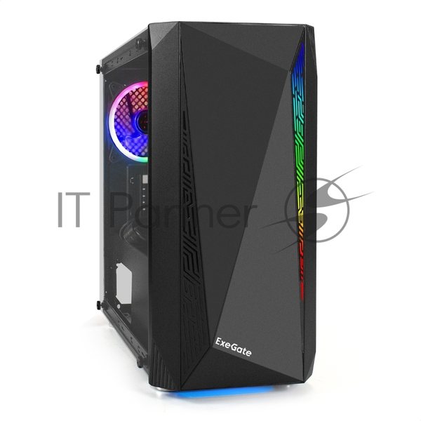 Компьютерный корпус Minitower ExeGate Mistery R2-NPX500 (mATX, БП 500NPX с вент. 12 см, 2*USB+1*USB 3.0, аудио, черный, 1 вент. 12см с RGb подсветкой и полоса на передней панели, боковая панель - закаленное стекло)