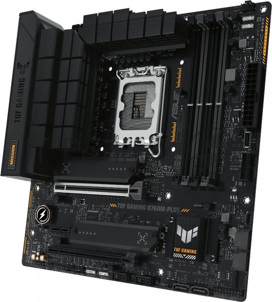 Материнская плата ASUS TUF GAMING B760M-PLUS, LGA 1700, Intel B760, 4xDDR5, 4xSATA, 2xM.2, 1xPCIe 5.0 x16, 1xPCIe 4.0 x4, 1xPCIe x1, 2xUSB-A 3.2 Gen 2, 3xUSB-A 3.2 Gen 1, 2xUSB 2.0, 1xUSB-C 3.2 Gen 2x2, 1x2.5Gb LAN, 5x3.5 мм, 7.1, mATX