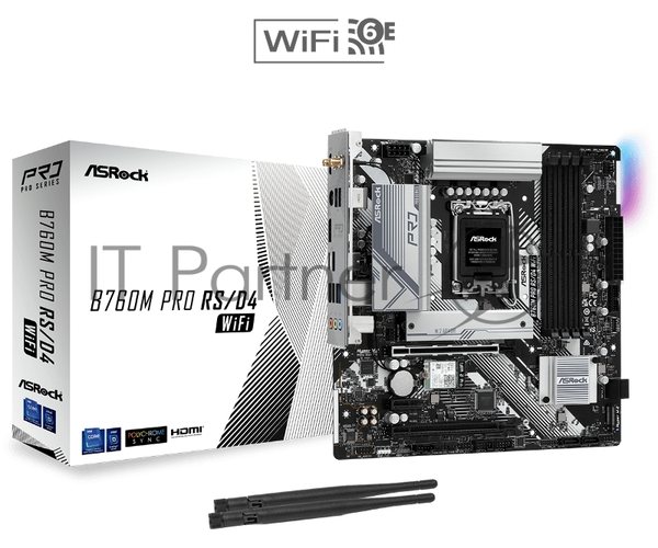 Материнская плата ASRock B760M PRO RS/D4 WIFI, Socket 1700, Intel®B760, 4xDDR4-3200, HDMI+DP, 2xPCI-Ex16, 4xSATA3(RAID0/1/5/10), 2xM.2, 8 Ch Audio, 1x2.5GLan, WiFi, (2+4)xUSB2.0, (3+2)xUSB3.2, (1+1)xUSB3.2 Type-C, mATX, RTL