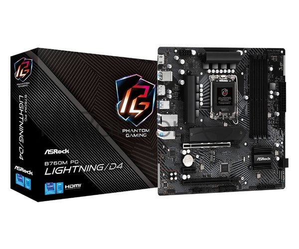 Материнская плата ASRock B760M PG Lightning/D4, LGA 1700, Intel B760, 4xDDR4, 4xSATA, 2xM.2, 1xPCI-E 4.0 x16, 1xPCI-E 4.0 x4, 1xPCI-E x1, 1xDisplayPort, 1xHDMI, 1x 1Gb LAN, 2xUSB-A 3.2 Gen 1, 3xUSB 2.0, 3x3.5 мм, 7.1, Micro-ATX