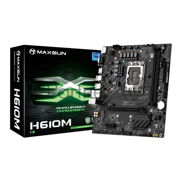 Материнская плата Maxsun Maxsun H610M, LGA 1700, Intel H610, 2xDDR4, 1xM.2, 3xSATA, 1xPCIe 4.0 x16, 1xPCIe x1, 1xHDMI, 1xDP, 1xVGA, 1x 1Gb LAN, 4xUSB 2.0, 2xUSB 3.2 Gen 1, 5.1, mATX