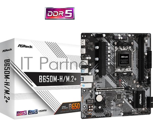 Материнская плата ASRock B650M-H/M.2+, AM5, AMD B650, 2xDDR5, 4xSATA, 2xM.2, 1xPCIe 4.0 x16, 1xDP, 1xHDMI, 1x1Gb LAN, 2xUSB 2.0, 3xUSB 3.2 Gen 1, 1xUSB-C, 3x3.5 мм, 7.1, Micro-ATX