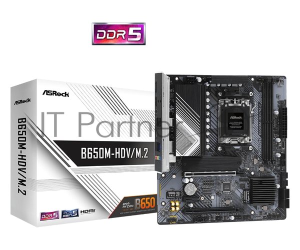 Материнская плата ASRock B650M-HDV/M.2, AM5, AMD B650, 2xDDR5, 4xSATA, 2xM.2, 1xPCIe 4.0 x16, 1xPCIe 4.0 x4, 1xPCIe 3.0 x1, 1xDP, 1xHDMI, 1x2.5Gb LAN, 1xUSB-C 5Gbps, 2xUSB-A 5Gbps, 4xUSB-A 2.0, 3x3.5 мм, 7.1, mATX
