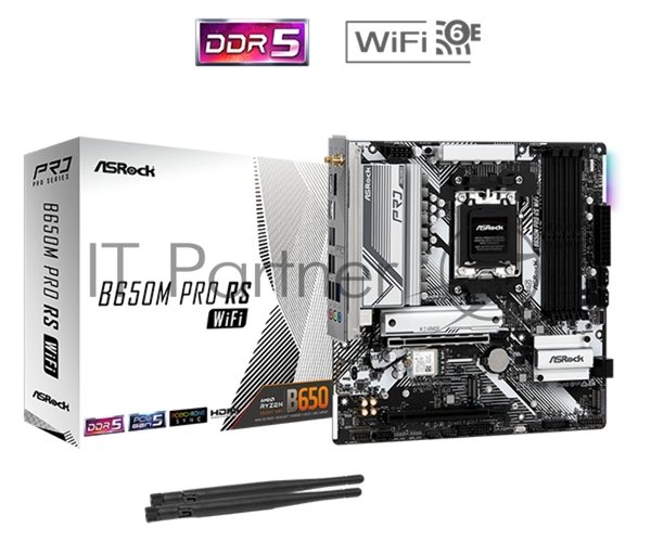 Материнская плата ASRock B650M Pro RS WiFi, AM5, AMD B650, 4xDDR5, 4xSATA, 3xM.2, 1xPCIe 4.0 x16, 1xPCIe 3.0 x16, 1xHDMI, 1xDP, 1x2.5Gb LAN, Wi-Fi 6E, Bluetooth 5.2, 1xUSB-C 10Gbps, 1xUSB-A 10Gbps, 2xUSB-A 5Gbps, 4xUSB-A 2.0, 3x3.5 мм, 7.1, mATX