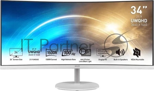 Монитор 34" MSI Pro MP341CQW VA 3440x1440, 100 Гц, 1 мс, 21:9, 300 кд/м2, 2xHDMI, 1xDP, изогнутый, белый