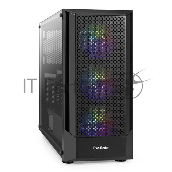 Компьютерный корпус Miditower ExeGate EVO-8227 (ATX, без БП, 2хUSB+1хUSB 3.0+HD Audio, черный, 3 вент. с RGb подсветкой, боковая панель - закаленное стекло)
