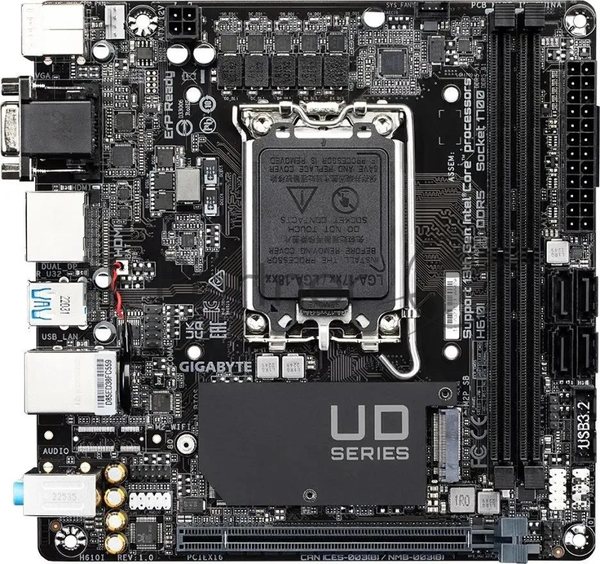 Материнская плата Gigabyte H610I, LGA 1700, Intel H610, 2xDDR5, 4xSATA, 1xM.2, 1xPCIe 4.0 x16, 1xHDMI, 1xVGA, 2xDP, 1x 1Gb LAN, 2xUSB-A 3.2 Gen 1, 4xUSB-A 2.0, 3x 3.5 мм, 7.1, Mini-ITX
