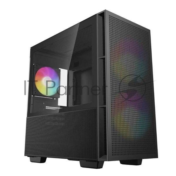 Компьютерный корпус Deepcool CH360 без БП, боковое окно (закаленное стекло), 2x140мм ARGb LED вентилятор спереди и 1x120мм ARGb LED вентилятор сзади, черный, mATX