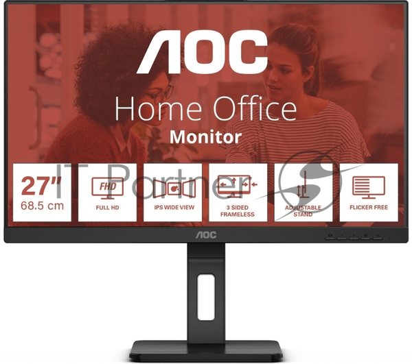 Монитор 27" AOC 27E3QAF IPS 1920x1080, 75 Гц, 4 мс, 16:9, 300 кд/м², HDMI 1.4, DP, VGA, 3.5 Jack, динамики (2x2 Вт), черный
