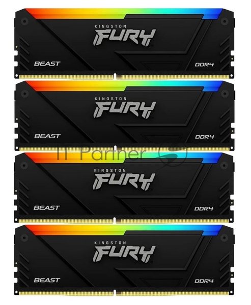 Оперативная память Kingston Fury Beast, DDR4, 32GB (4x8GB), 3600MHz, CL17, DIMM, с радиаторами, RGB, черный