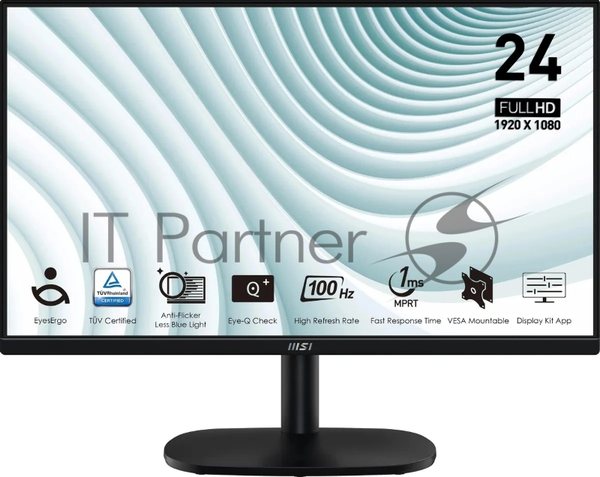 Монитор 23.8" MSI Pro MP245V VA 1920x1080, 100 Гц, 4 мс, 16:9, 300 кд/м², HDMI 1.4b, VGA, 3.5 мм, черный