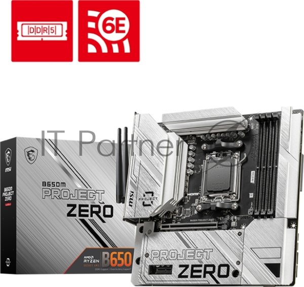 Материнская плата MSI B650M PROJECT ZERO, AM5, AMD B650, 4xDDR5, 4xSATA, 2xM.2, 1xPCIe 4.0 x16, 1xPCIe x1, 1xDP, 1xHDMI, 1x 2.5Gb LAN, 2xUSB-A 2.0, 2xUSB 3.2 Gen 1, 3xUSB 3.2 Gen 2, 3x3.5 мм, 7.1, mATX