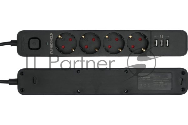 Сетевой фильтр Гарнизон 2.0 Мультипорт EPS-4-U3-B-2, 4 р, 10А, 3xUSB, 2 м, ур.защиты 2+, черный, пакет