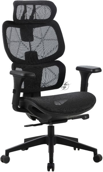 Кресло Cactus CS-MC555-BK черный, сетка, 150 кг, подголовник, регулируемые подлокотники, механизм качания