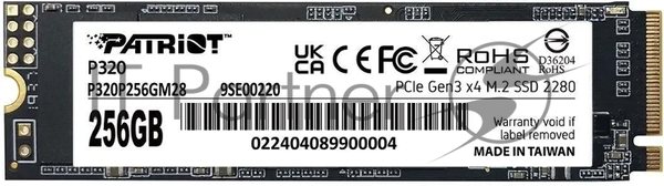 Накопитель SSD Patriot P320, 256Gb, PCIe 3.0 x4, M.2 2280, NVMe, R/W 2200/1200