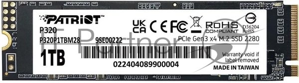 Накопитель SSD Patriot P320, 1Tb, PCIe 3.0 x4, M.2 2280, NVMe, R/W 3000/2200