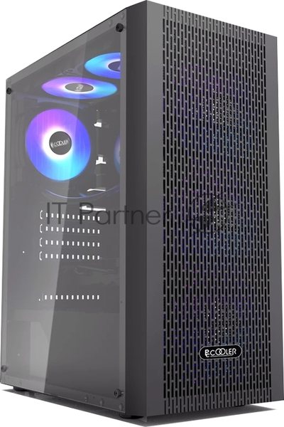 Корпус без блока питания PCCOOLER MA100 MESH BK, Mesh Mid Tower, черный, TG, 0.4 SPCC, 3x120мм ARGb ATX, mATX, mITX 160/310/180мм 2x2.5", 2x3.5", 7xPCI 1xUSB-A 3.0, 2xUSB-A 2.0 360x200x446mm