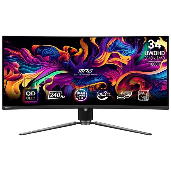 Монитор 34" MSI MPG 341CQPX QD OLED 3440x1440, 240 Гц, 0.03 мс, 21:9, 250 кд/м², 2xHDMI, 1xDP, 2xUSB-A 2.0, 1xUSB-C, 1x3.5 мм, изогнутый R1800, черный