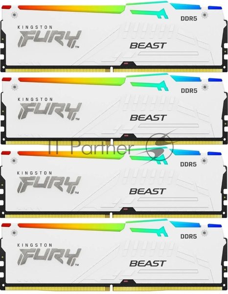 Оперативная память Kingston Fury Beast, DDR5, 128Gb (4x32 Gb), 5200 MHz, CL40, радиатор, RGb, белый