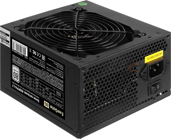 Блок питания ExeGate 400PPH-LT-OEM, 400W, 80 PLUS, (ATX, APFC, SC, КПД 82% (80 PLUS), 12cm fan, 24pin, (4+4)pin, PCI-E, 3xSATA, 3xIDE, черный, кабель 220V 1,8м с защитой от выдергивания, RTL)