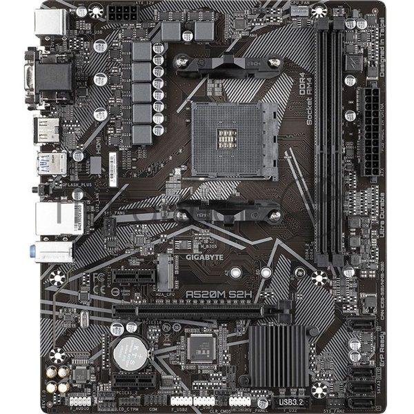 Материнская плата Gigabyte A520M S2H, AM4, AMD A520, 2xDDR4, 4xSATA, 1xM.2, 1xPCIe 3.0 x16, 2xPCIe x1, 1xHDMI, 1xDVI-D, 1xVGA, 1x 1Gb LAN, 4xUSB-A 3.2 Gen 1, 2xUSB-A 2.0, 3x3.5 мм, 7.1, mATX