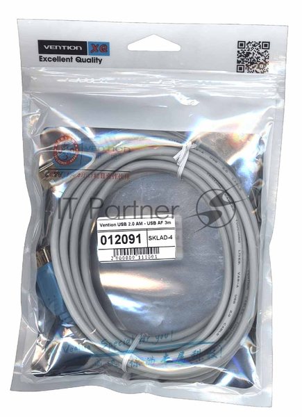 Кабель Vention USB 2.0 AM - USB AF 3 м серый круглый