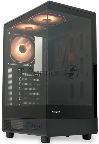 Компьютерный корпус HSPD F510, Panoramic Mid Tower, черный, TG, 0.5 SPCC, 3x120мм ARGb ATX, mATX, mITX 180/280/160мм 1x2.5", 1x3.5", 7xPCI 2xUSB-A 3.0 356x218x467мм