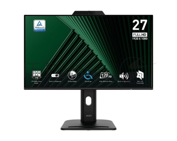 Монитор 27" MSI PRO MP272PMG IPS 1920x1080, 120 Гц, 4 мс, 16:9, 300 кд/м², 1xVGA, 1xHDMI, 1xDP, 1x3.5 мм, 2xUSB-A 2.0, 2x2 Вт, веб-камера, микрофон, черный