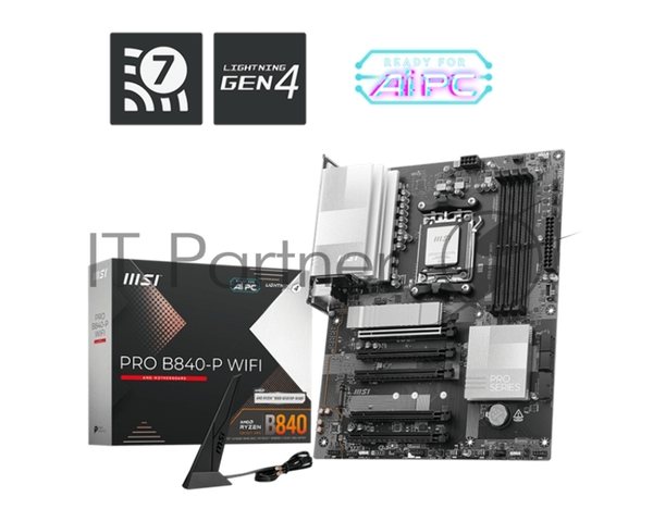 Материнская плата MSI PRO B840-P WIFI, Socket AM5, AMD B840, 4xDDR5, 4xSATA, 2xM.2, 1xPCI-E 4.0 x16, 1xPCI-E 3.0 x4, 3xPCI-E 3.0 x1, 1xHDMI, 1x 2.5Gb LAN, 4xUSB-A 2.0, 2xUSB-A 5Gbps, 1xUSB-C 5Gbps, 1xUSB-A 10Gbps, 1xUSB-C 10Gbps, 3x3.5 мм, 7.1, ATX