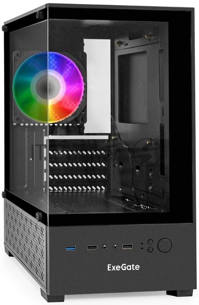 Компьютерный корпус Minitower ExeGate i3 SEA (mATX, без БП, 1*USB+1*USB 3.0, HD аудио, черный, 1 вент. 12см с RGb подсветкой, передняя и боковая панели - закаленное стекло)