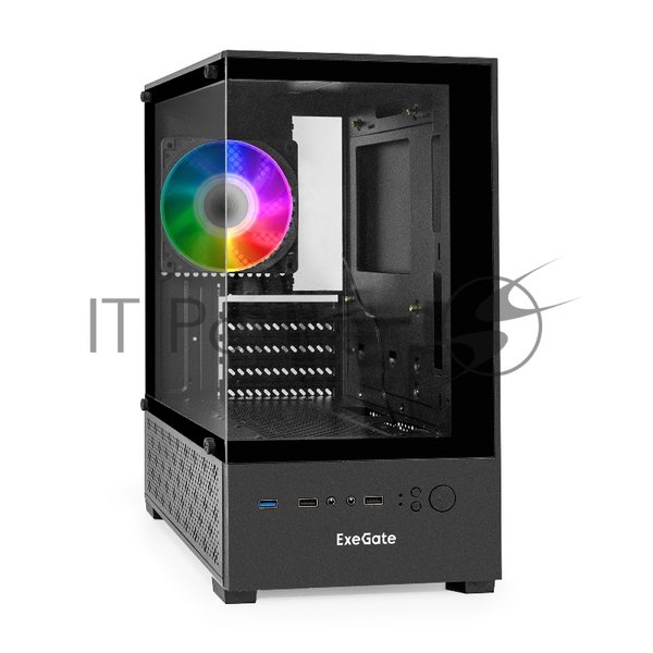 Компьютерный корпус Minitower ExeGate i3 SEA (mATX, БП 400NPX, 2*USB+1*USB 3.0, HD аудио, черный, 1 вент. 12см с RGB подсветкой, передняя и боковая панели - закаленное стекло)