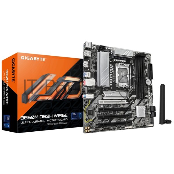 Материнская плата Gigabyte B860M DS3H WIFI6E, LGA1851, Intel B860, 4xDDR5, 4xSATA, 2xM.2, 1xPCIe 5.0 x16, 3xPCIe 4.0 x1, 2xDP, 1xHDMI, 1x2.5Gb LAN, Wi-Fi 6E, Bluetooth 5.3, 1xUSB-C 10Gbps, 2xUSB-A 10Gbps, 4xUSB-A 5Gbps, 7xUSB-A 2.0, 3x3.5 мм, 7.1, mATX