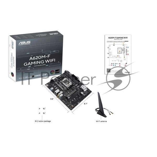 Материнская плата ASUS A620M-F GAMING WIFI, AM5, AMD A620, 2xDDR5, 2xM.2, 1xPCIe 4.0 x16, 1xHDMI, 1x2.5Gb LAN, Wi-Fi 6E, Bluetooth 5.3, 2xUSB-A 5Gbps, 2xUSB-A 2.0, 3x3.5 мм, 7.1, mATX